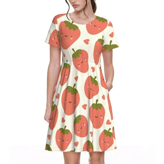 Goofa Hand Drawn Strawberry Pattern Women Summer Short Sleeve Midi Dress with Pockets Casual Aline Flowy Tshirt Dress Vocation Beach Sundress