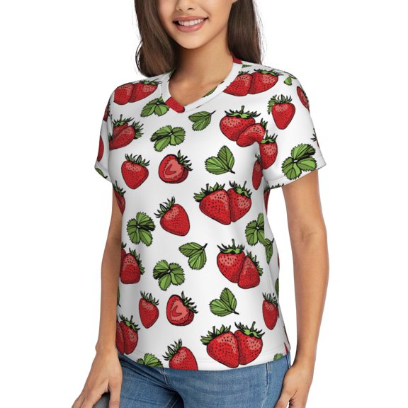Goofa Hand Drawn Strawberry Pattern Women's Slim-Fit Short-Sleeve V-Neck T-Shirt,Classic-Fit Short-Sleeve V-Neck T-Shirt-Medium