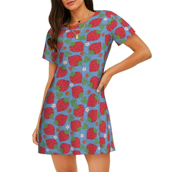 Goofa Hand Drawn Strawberry Print Women’s Cotton Nightdress – Short-Sleeved Sleep Dress, Casual Loose-Fit Lounge Wear, Comfortable and Stylish Sleepwear for Women