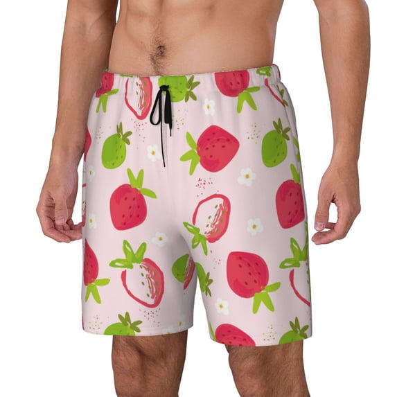 Goofa Hand Drawn Strawberry Printed Men's Swim Trunks Board Shorts Quick Dry Mens Swimming Trunks with Compression Liner,Breathable Fit Hawaii Beach Shorts-Small