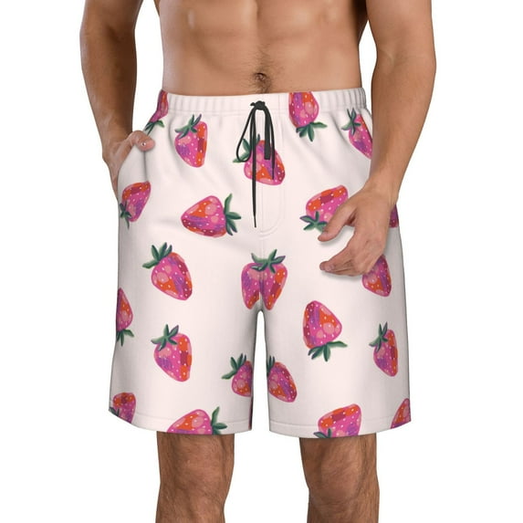 Goofa Hand Drawn Strawberry Printed Mens Swim Trunks Summer Quick Dry Short Beach Swimwear Bathing Suits-Large