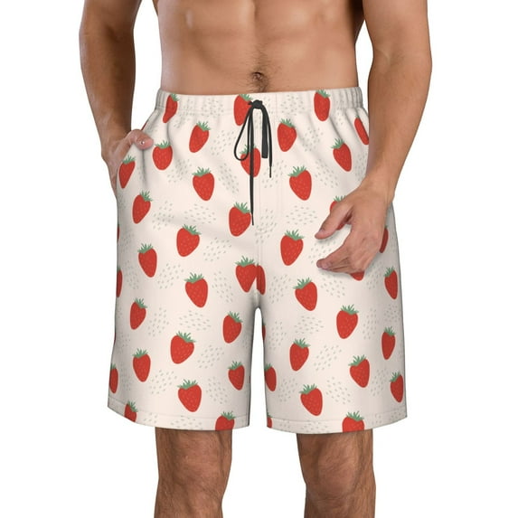 Goofa Hand Drawn Strawberry Printed Mens Swim Trunks Summer Quick Dry Short Beach Swimwear Bathing Suits-