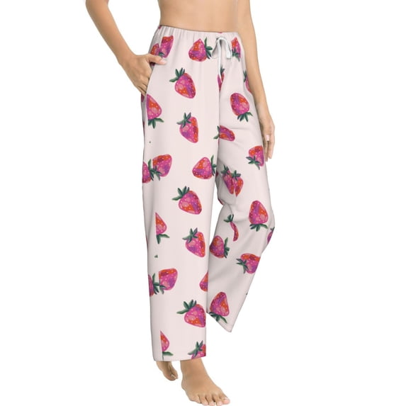 Goofa Hand Drawn Strawberry Printed Soft Pajama Pants for Women, Wide Leg Comfy Casual Lounge Yoga Pants-Large