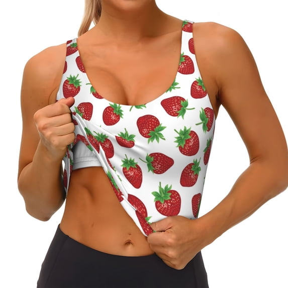 Goofa Hand Drawn Strawberry Printed Sports Bras for Women, High Impact Running Bra Workout Crop Tank Tops Longline Sports Bra Push up-