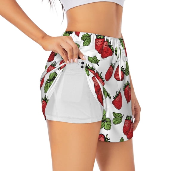 Goofa Hand Drawn Strawberry Printed Women 2 in 1 Running Shorts,Quick Dry Athletic Workout Shorts,High Waisted Athletic Shorts with Liner Pockets-X-Large