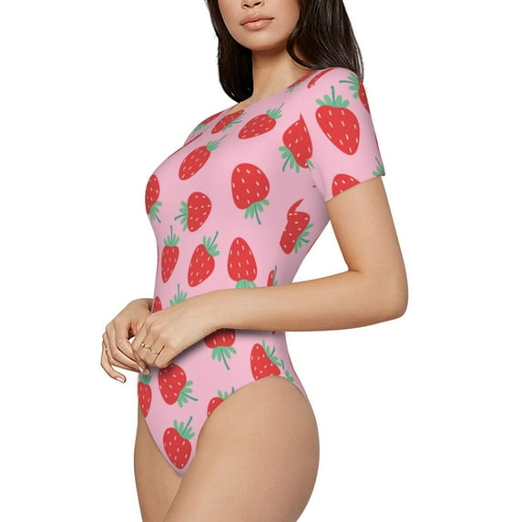 Goofa Hand Drawn Strawberry Printed Women Rash Guard Short Sleeve,Tummy control Swimsuit Surfing Swimsuit Bathing Suit One Piece Swimsuit UPF 50-Large
