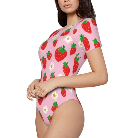 Goofa Hand Drawn Strawberry Printed Women Rash Guard Short Sleeve,Tummy control Swimsuit Surfing Swimsuit Bathing Suit One Piece Swimsuit UPF 50-Small