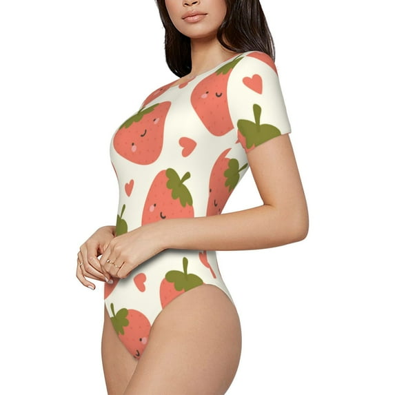 Goofa Hand Drawn Strawberry Printed Women Rash Guard Short Sleeve,Tummy control Swimsuit Surfing Swimsuit Bathing Suit One Piece Swimsuit UPF 50-