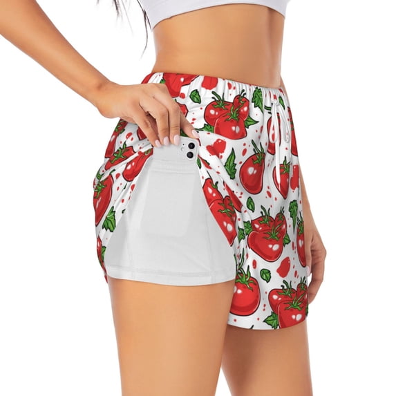 Goofa Hand Drawn Tomatoes Printed Women 2 in 1 Running Shorts,Quick Dry Athletic Workout Shorts,High Waisted Athletic Shorts with Liner Pockets-X-Large