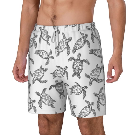 Goofa Hand Drawn Turtle Printed Men's Swim Trunks Board Shorts Quick Dry Mens Swimming Trunks with Compression Liner,Breathable Fit Hawaii Beach Shorts-X-Large