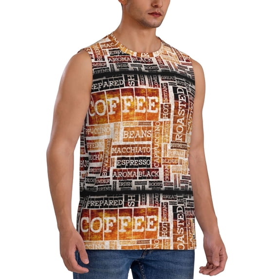 Goofa Hand Drawn Vintage Coffee Printed Men's Sleeveless T-Shirt - Athletic Gym Workout Tank Top for Men - Moisture-Wicking, UPF 30+ Quick-Dry Muscle Tee-3X-Large