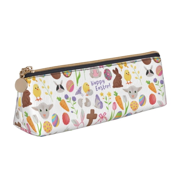 Goofa Happy Easter1 Pattern Pencil Case Portable Stylish Triangle Pencil Pouch with Zipper Leather Cosmetic Pouch Bag Makeup Cosmetic Pencil Pouch