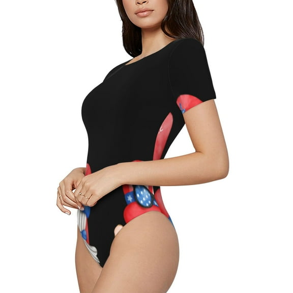 Goofa Happy Independence Day Gnome Printed Women Rash Guard Short Sleeve,Tummy control Swimsuit Surfing Swimsuit Bathing Suit One Piece Swimsuit UPF 50-Large