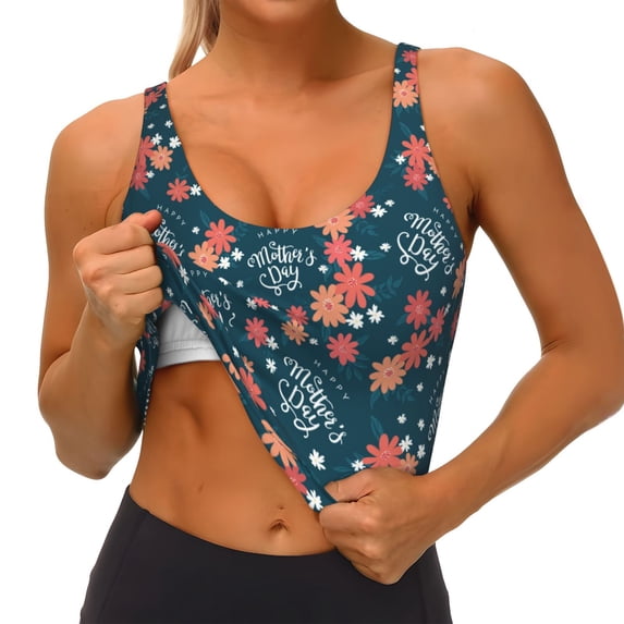 Goofa Happy Mother's Day Printed Sports Bras for Women, High Impact Running Bra Workout Crop Tank Tops Longline Sports Bra Push up-Small