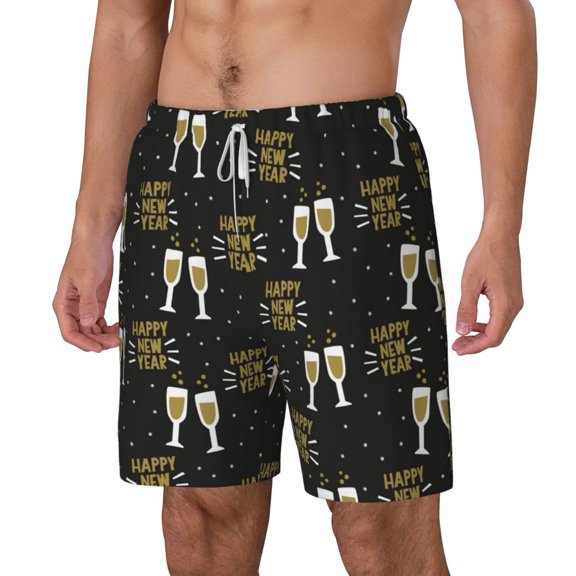 Goofa Happy New Year Printed Men's Swim Trunks Board Shorts Quick Dry Mens Swimming Trunks with Compression Liner,Breathable Fit Hawaii Beach Shorts-Large