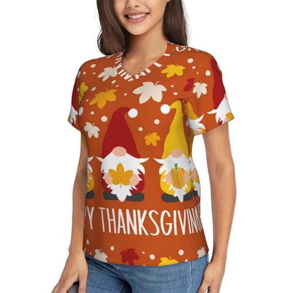 Goofa Happy Thanksgiving Three Gnomes Pattern Women's Slim-Fit Short-Sleeve V-Neck T-Shirt,Classic-Fit Short-Sleeve V-Neck T-Shirt-Small