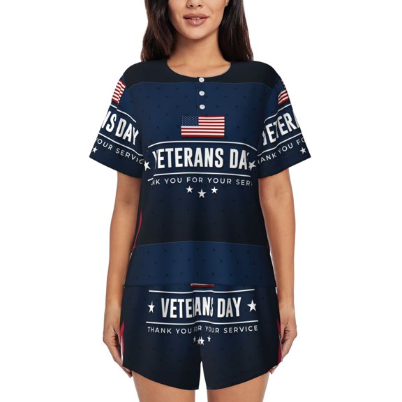 Goofa Happy Veterans Day for Womens Cotton 2 Piece Pajamas Set Classic Short Sleeve Pjs Set Soft Button Down Sleepwear Loungewear-X-Large