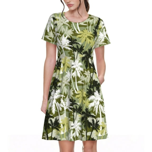 Goofa Hawaii Palms Pattern Women Summer Short Sleeve Midi Dress with Pockets Casual Aline Flowy Tshirt Dress Vocation Beach Sundress