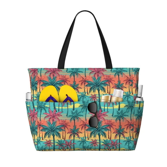 Goofa Hawaii Palms Print Beach Bags Waterproof Beach Tote Bag Zipper Sandproof Swim Pool Bag Large Tote Beach Vacation Travel