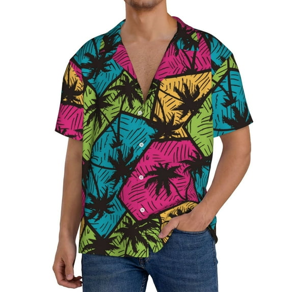 Goofa Hawaii Palms Printed Men's Casual Short-sleeved Shirt,Lightweight Breathable Button-down,Summer Casual men's top,Versatile Fashion shirt-X-Large