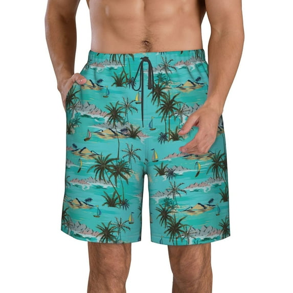 Goofa Hawaii Palms Printed Mens Swim Trunks Summer Quick Dry Short Beach Swimwear Bathing Suits-Small