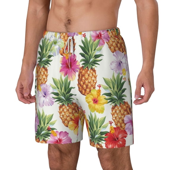 Goofa Hawaiian Pineappl Printed Men's Swim Trunks Board Shorts Quick Dry Mens Swimming Trunks with Compression Liner,Breathable Fit Hawaii Beach Shorts-Large