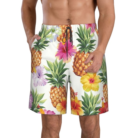 Goofa Hawaiian Pineappl Printed Mens Swim Trunks Summer Quick Dry Short Beach Swimwear Bathing Suits-X-Large