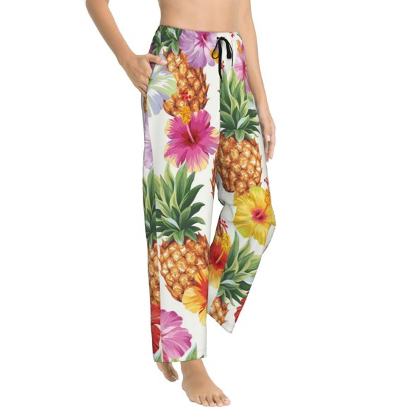 Goofa Hawaiian Pineappl Printed Soft Pajama Pants for Women, Wide Leg Comfy Casual Lounge Yoga Pants-Medium