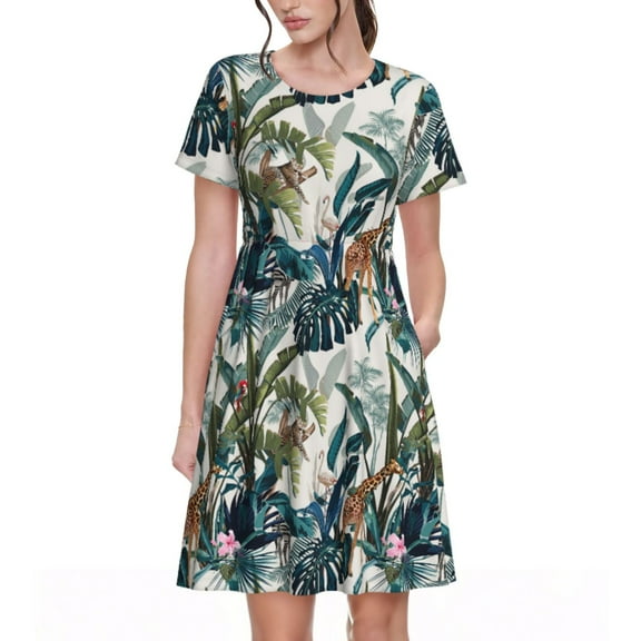 Goofa Hawaiian Style Pattern Women Summer Short Sleeve Midi Dress with Pockets Casual Aline Flowy Tshirt Dress Vocation Beach Sundress