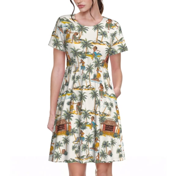 Goofa Hawaiian Style Pattern Women Summer Short Sleeve Midi Dress with Pockets Casual Aline Flowy Tshirt Dress Vocation Beach Sundress