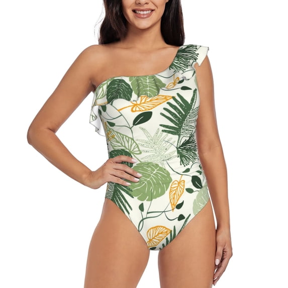Goofa Hawaiian Style Pattern Women's One Piece Swimsuits Tummy Control Bathing Suits Asymmetric One Shoulder Swimwear-Medium