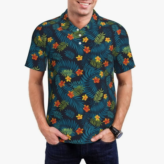 Goofa Hawaiian Style Print Mens Polo Shirts Quick Dry Short Sleeve Golf T Shirt Performance Moisture Wicking Casual Workout-X-Large