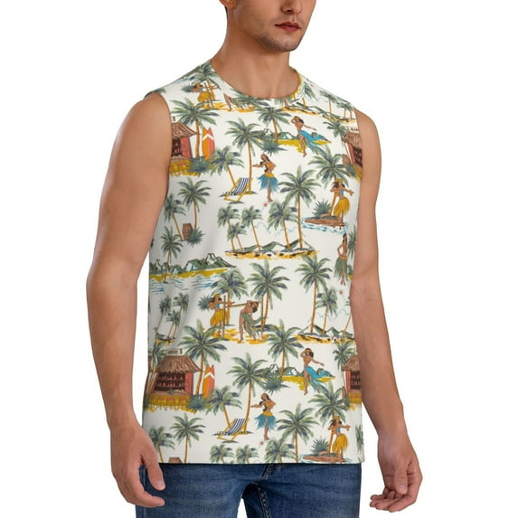Goofa Hawaiian Style Printed Men's Sleeveless T-Shirt - Athletic Gym Workout Tank Top for Men - Moisture-Wicking, UPF 30+ Quick-Dry Muscle Tee-Large