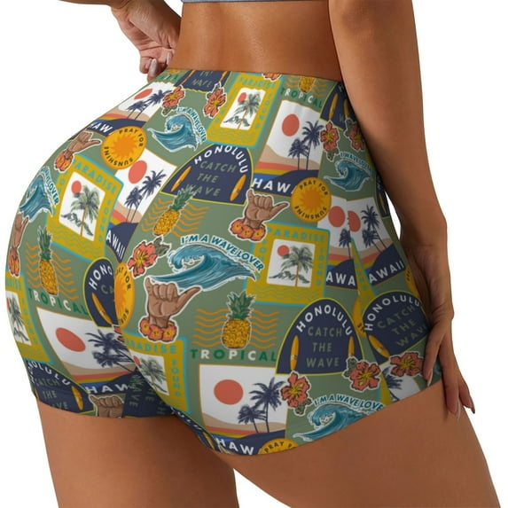 Goofa Hawaiian Style Printed Workout Shorts Women Seamless Scrunch Butt Lifting High Waisted Gym Booty Shorts Elastic Workout Shorts-Large