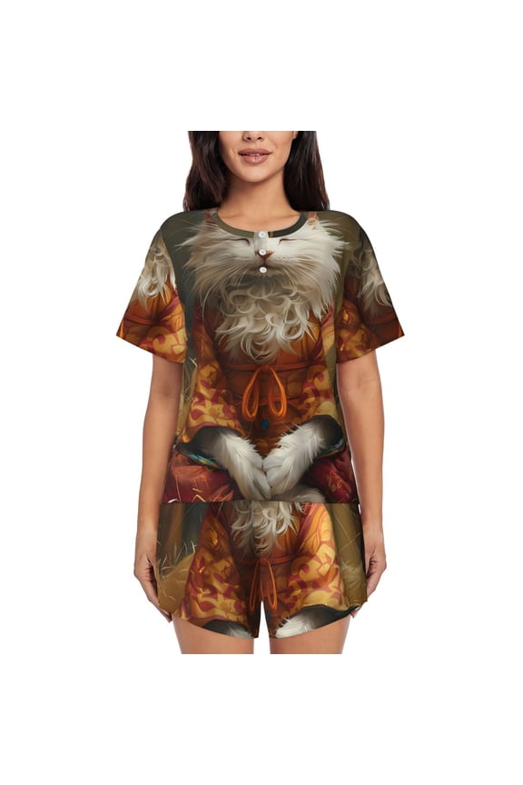 Haystack Meditating Cat for Womens Cotton 2 Piece Pajamas Set Classic Short Sleeve Pjs Set Soft Button Down Sleepwear Loungewear-Medium