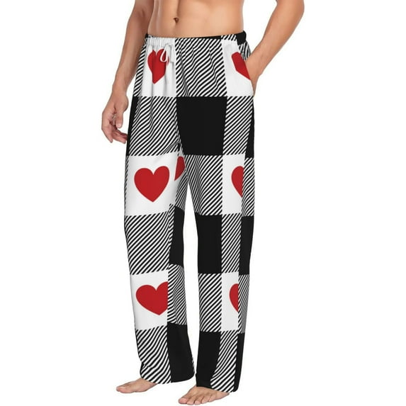 Goofa Heart Black Buffalo Plaid Gingham Printed Soft Pajama Pants for Men, Wide Leg Comfy Casual Lounge Yoga Pants-Large