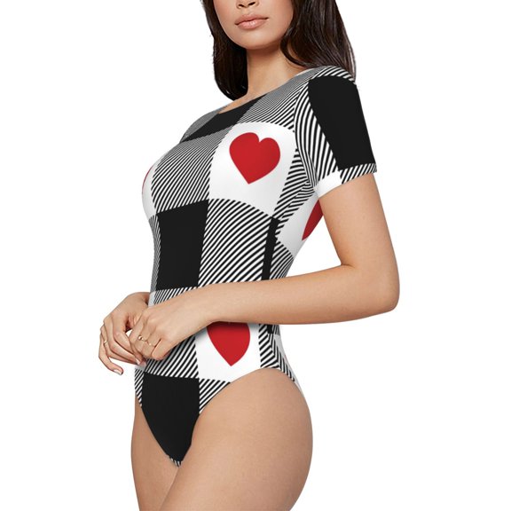 Goofa Heart Black Buffalo Plaid Gingham Printed Women Rash Guard Short Sleeve,Tummy control Swimsuit Surfing Swimsuit Bathing Suit One Piece Swimsuit UPF 50-Small
