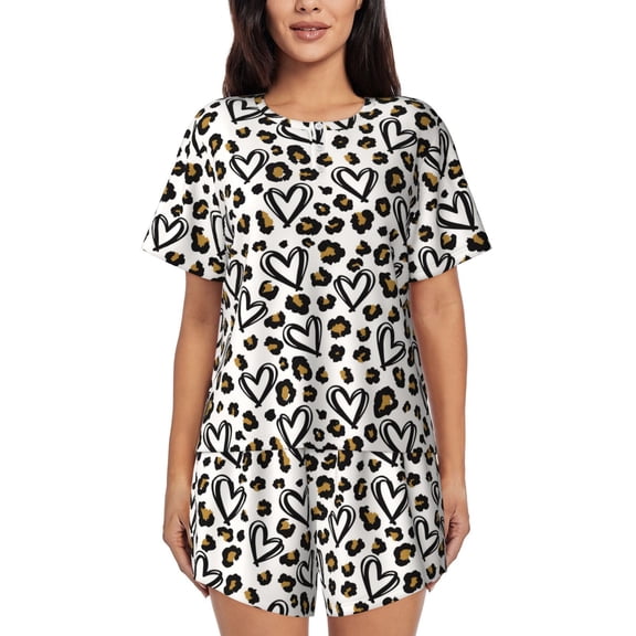 Goofa Heart Leopard for Womens Cotton 2 Piece Pajamas Set Classic Short Sleeve Pjs Set Soft Button Down Sleepwear Loungewear-Large