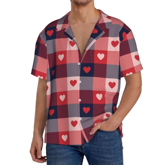 Goofa Heart Plaid Printed Men's Casual Short-sleeved Shirt,Lightweight Breathable Button-down,Summer Casual men's top,Versatile Fashion shirt-