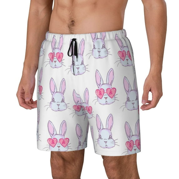 Goofa Heart Rabbit Printed Men's Swim Trunks Board Shorts Quick Dry Mens Swimming Trunks with Compression Liner,Breathable Fit Hawaii Beach Shorts-Small