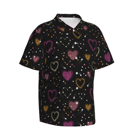 Goofa Heart and Stars Hawaiian Shirt for Men, Unisex Summer Beach Casual Short Sleeve Button Down Shirts,Aloha Tropical Floral print shirt-Medium
