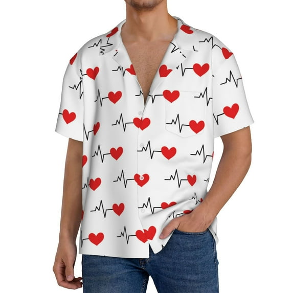 Goofa Heartbeat Symbol Printed Men's Casual Short-sleeved Shirt,Lightweight Breathable Button-down,Summer Casual men's top,Versatile Fashion shirt-3X-Large