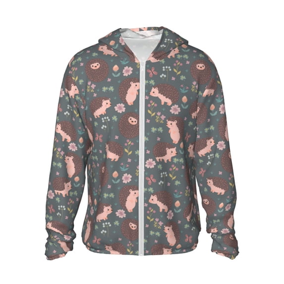Goofa Hedgehogs and Flowers1 Printed Women's UPF 50+ Sun Protection Hoodie Jacket Lightweight Long Sleeve Sun Shirt for Women with Pocket Hiking Outdoor-XX-Large