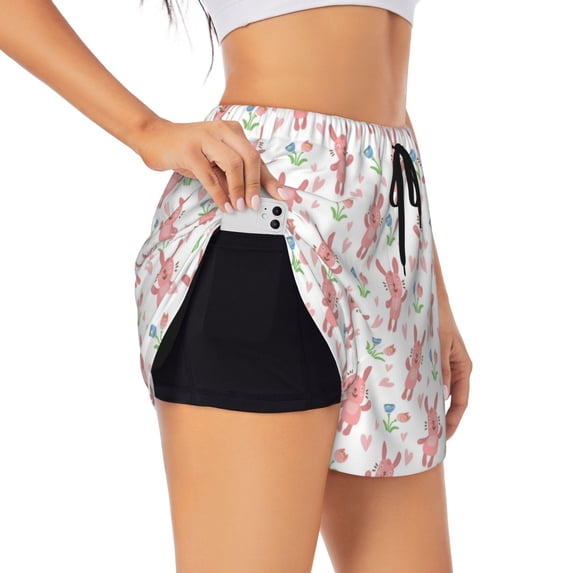 Goofa Hello Rabbit Printed Women 2 in 1 Running Shorts,Quick Dry Athletic Workout Shorts,High Waisted Athletic Shorts with Liner Pockets-Small