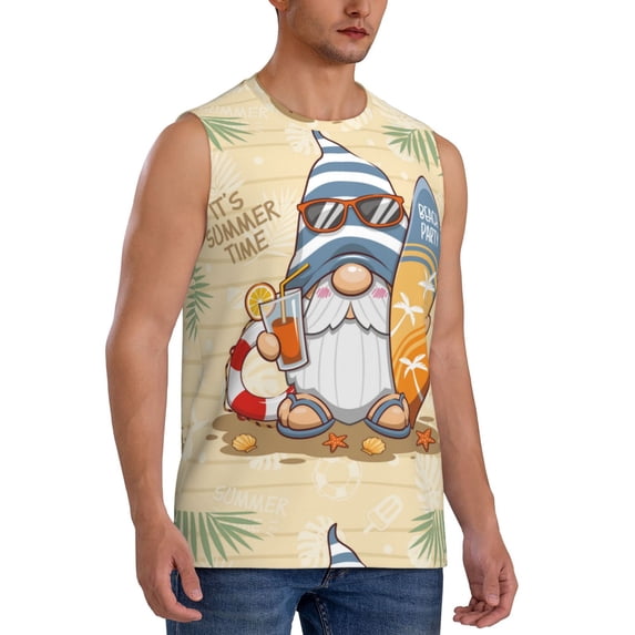 Goofa Hello Summer Cute Gnome Printed Men's Sleeveless T-Shirt - Athletic Gym Workout Tank Top for Men - Moisture-Wicking, UPF 30+ Quick-Dry Muscle Tee-XX-Large