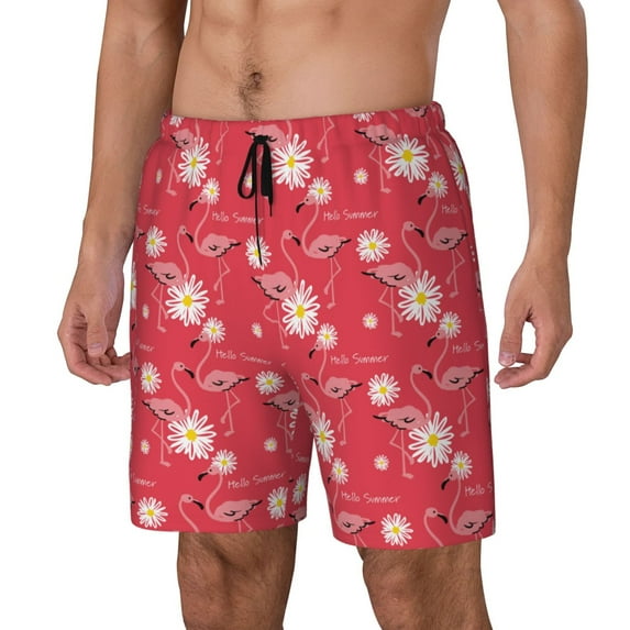 Goofa Hello Summer Flamingo Printed Men's Swim Trunks Board Shorts Quick Dry Mens Swimming Trunks with Compression Liner,Breathable Fit Hawaii Beach Shorts-XX-Large