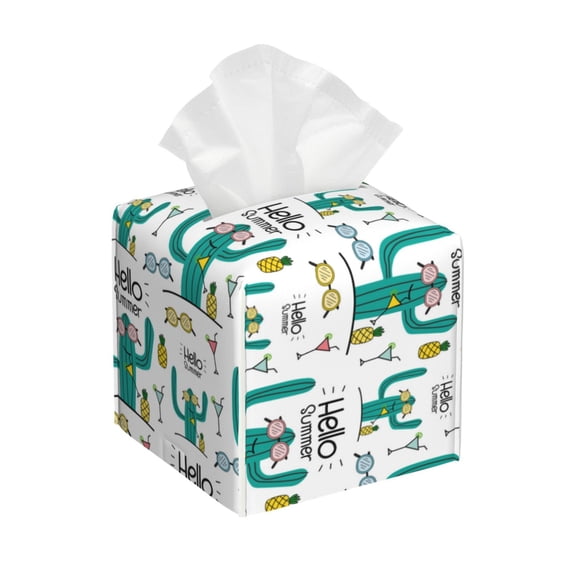 Goofa Hello Summer Tissue Box Cover PVC Leather Tissue Holder Square Facial Tissue Case Facial Paper Organizer Dispenser for Bathroom, Vanity Countertop