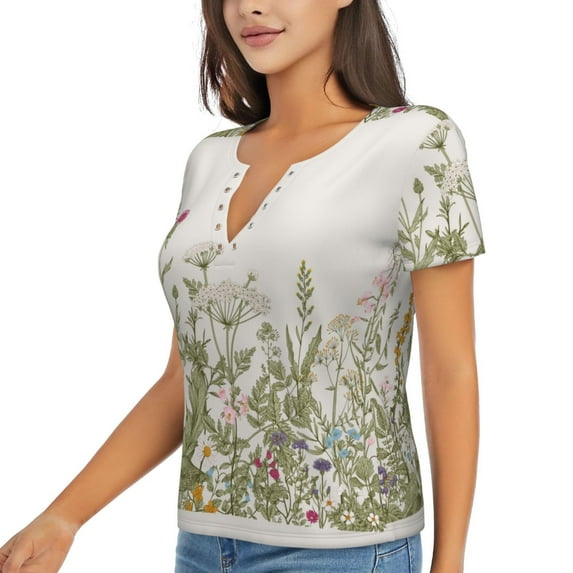 Goofa Herbs and Wildflowers Pattern Womens Deep V Neck Low Cut Tops Casual Summer Short Sleeve Ribbed Knit T-Shirts-Small