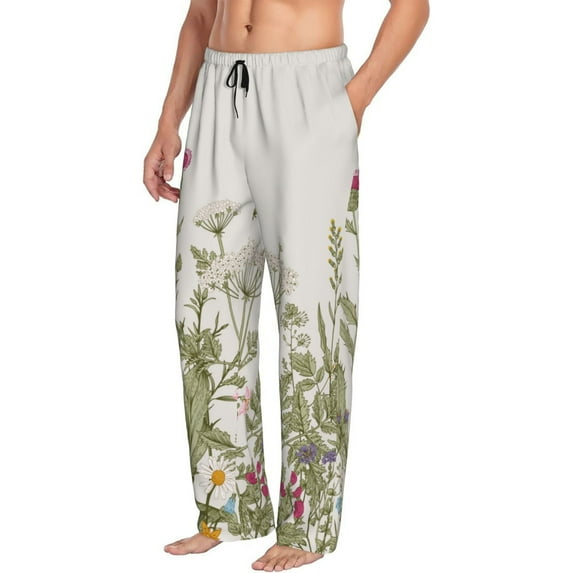 Goofa Herbs and Wildflowers Printed Soft Pajama Pants for Men, Wide Leg Comfy Casual Lounge Yoga Pants-Medium