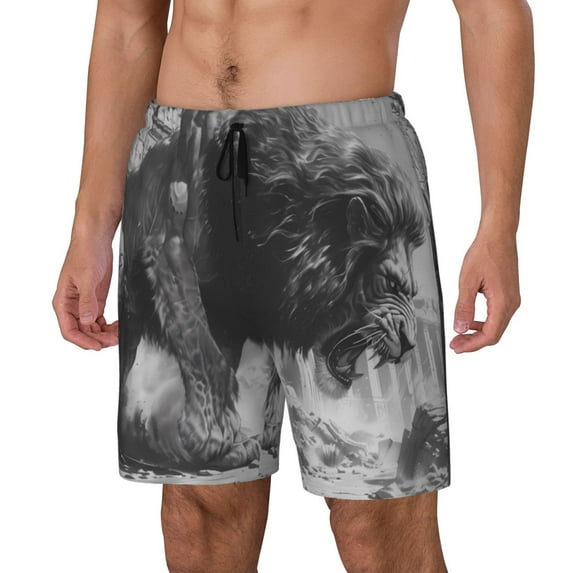 Goofa Heroic Lion Encounter Printed Men's Swim Trunks Board Shorts Quick Dry Mens Swimming Trunks with Compression Liner,Breathable Fit Hawaii Beach Shorts-X-Large